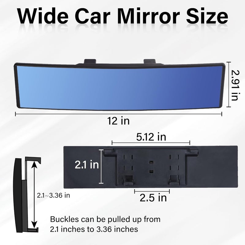 ecocstm Rear View Mirror, Universal 12 Inch Wide Angle Rear View Mirror, Convex Clip On Panoramic Rears Views Mirrors, Anti-Glare Extended Broadway Mirrors, Rearview Mirroring Accessories for Cars (Blue) - Image 2
